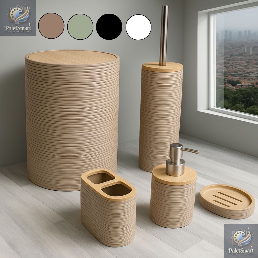 Kit Banheiro Conjunto Bambu Completo Lavabo Porta Escova Saboneteira Lixeira Tampa Acessór...