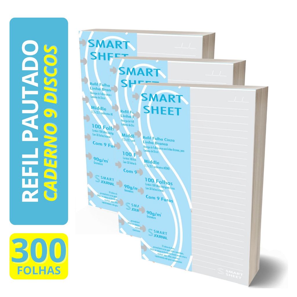 Kit 3 Refil Caderno de Discos 90g 300 Folha Pauta Branca Medio 9 Furos Smart Sheet em Oferta na Shopee