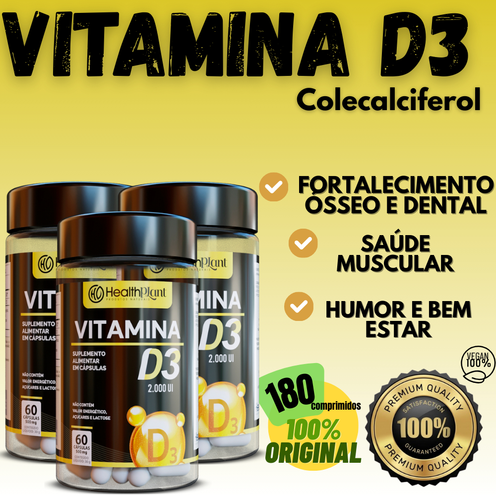 Suplemento Premium Vitamina D Colecalciferol 60 cápsulas 500mg Fortalecimento ósseo dental muscular