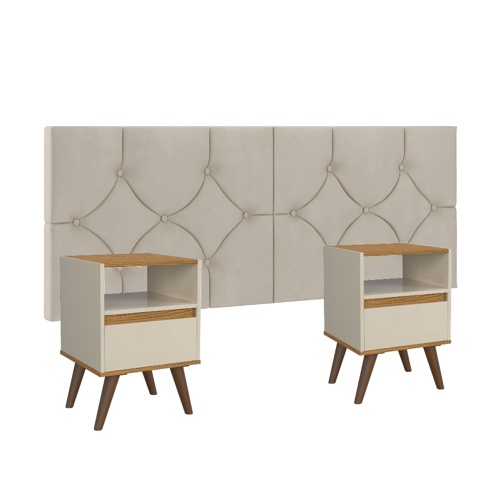 Conjunto Mesa De Cab Com Gaveta + Cabeceira Estofada Box Para Cama Queen