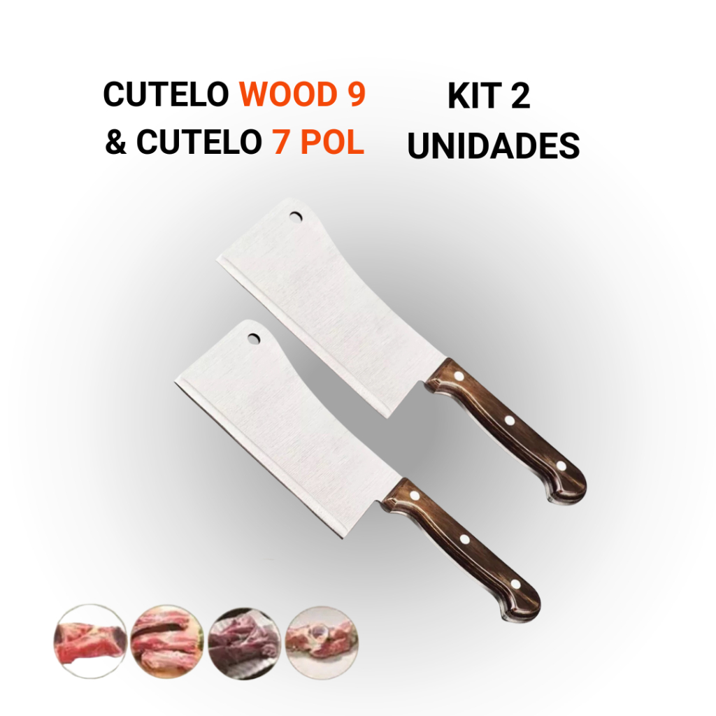 Kit Faca Cutelo Wood 9 e Cutelo 7 Polegadas Açougue Churrasco