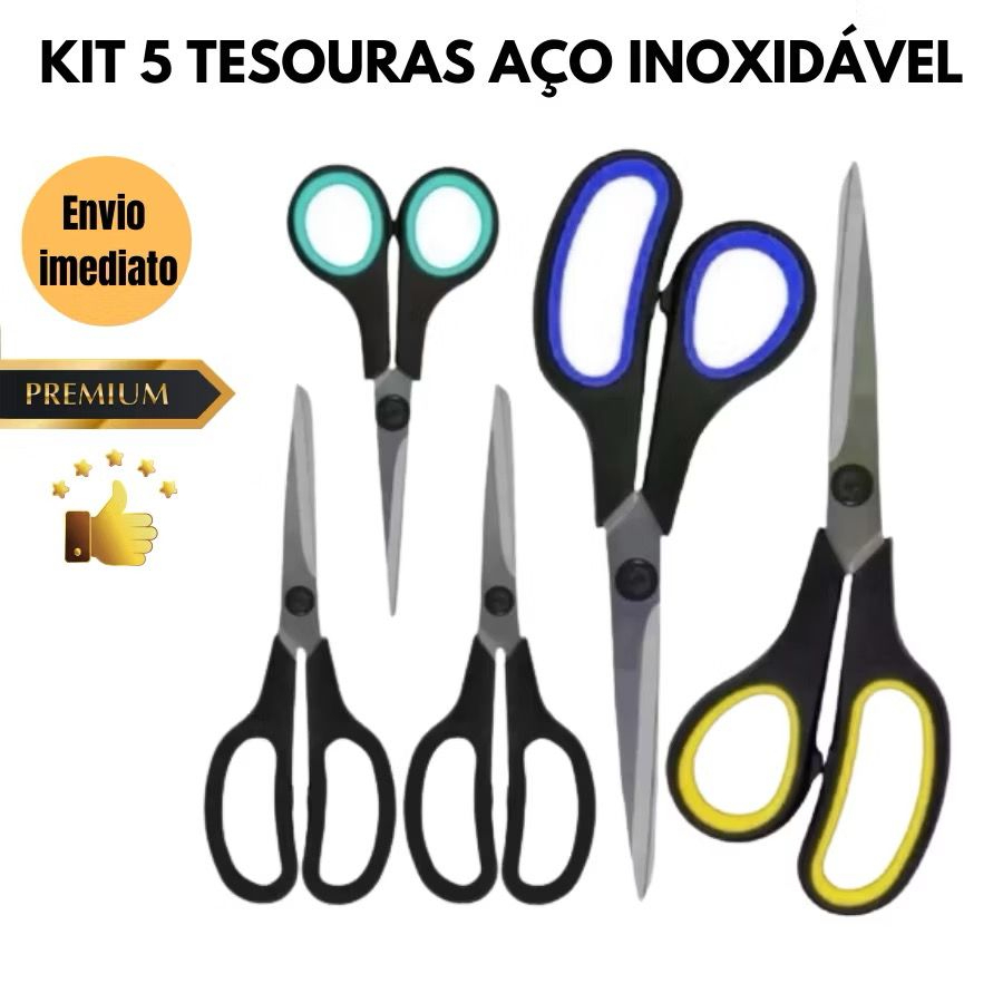 Kit 5 Tesouras de Aço Inoxidável Multiuso e Alta Durabilidade tesoura dia dia grande pequena tesoura para ter em casa