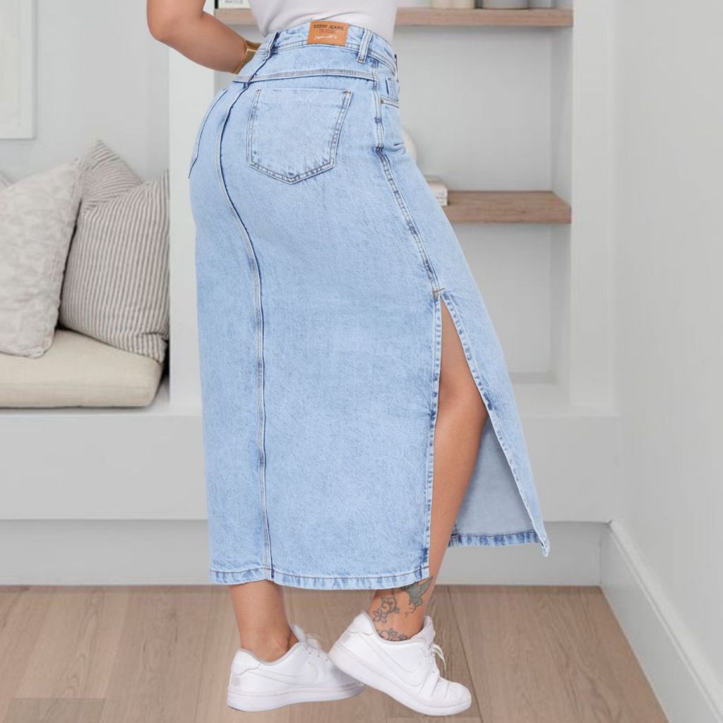 Saia Jeans Feminina Mídi longa Cintura Cós Alto Marmorizada com Fenda Tecido Encorpado Premium em Oferta na Shopee