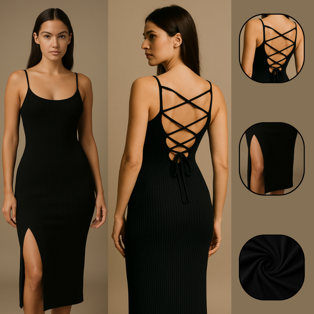 Vestido Feminino Longo Fenda Amarração Acinturado Modelador Costas Nua Trançada