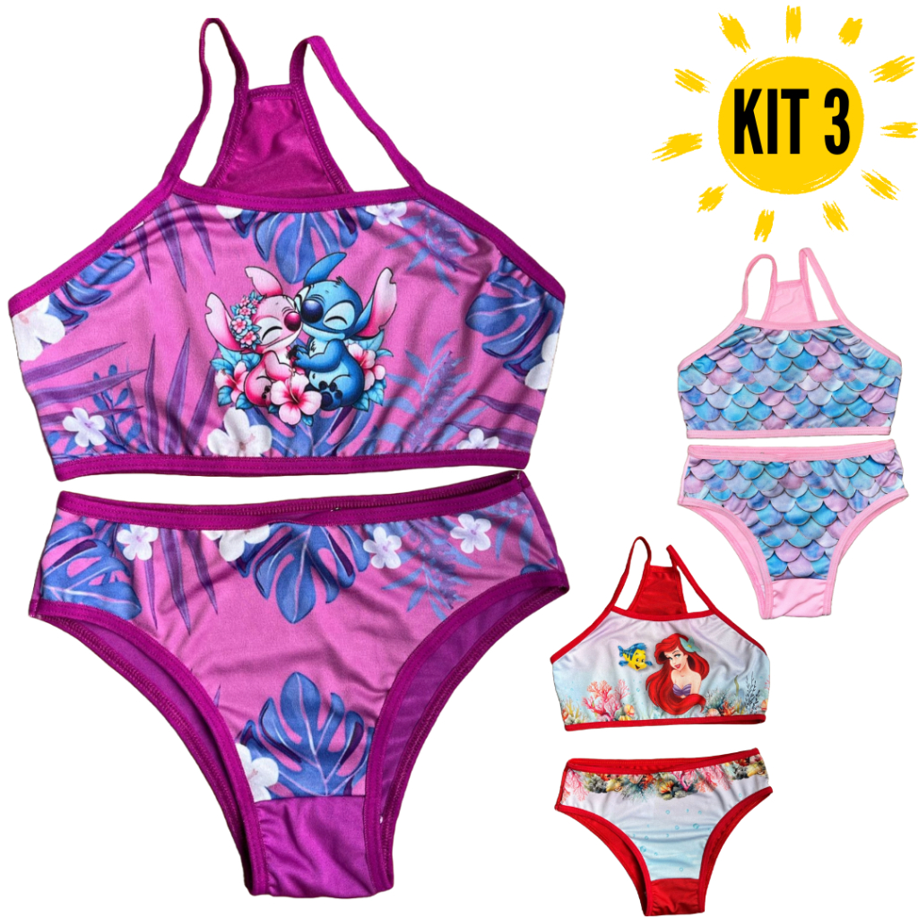 Kit  3 Conjuntos Menina Moça Estilo Nadador Infantil Conjunto Sublimado Biquinie Personage...