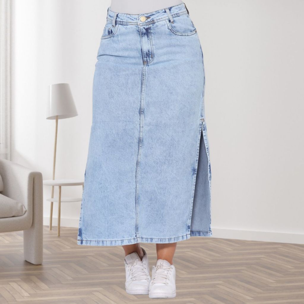 Saia Jeans Feminina Midi Cintura Alta Marmorizada com Fenda Lateral Levanta Bumbum 100% Algodão em Oferta na Shopee