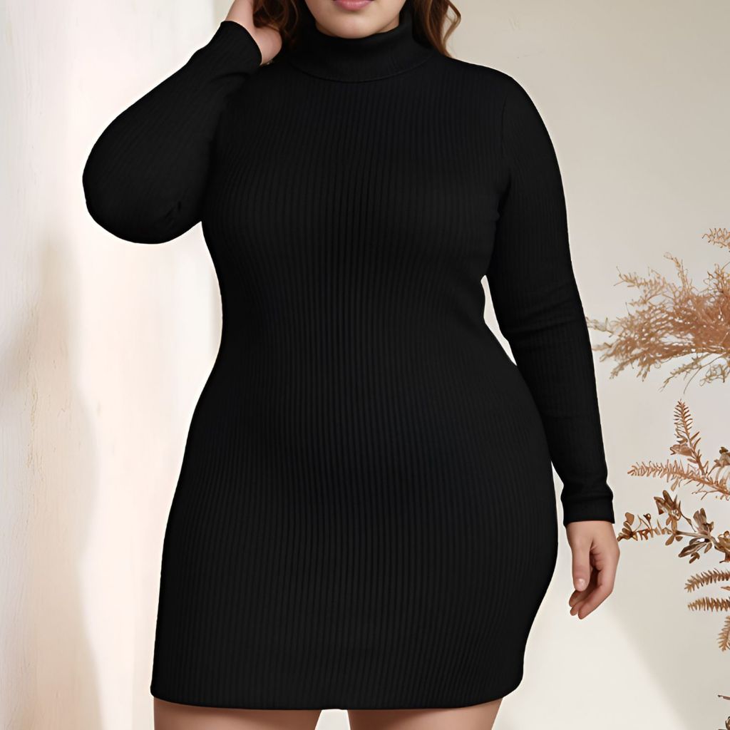 Vestido feminino plus size  canelado gola alta e manga comprida inverno luxo