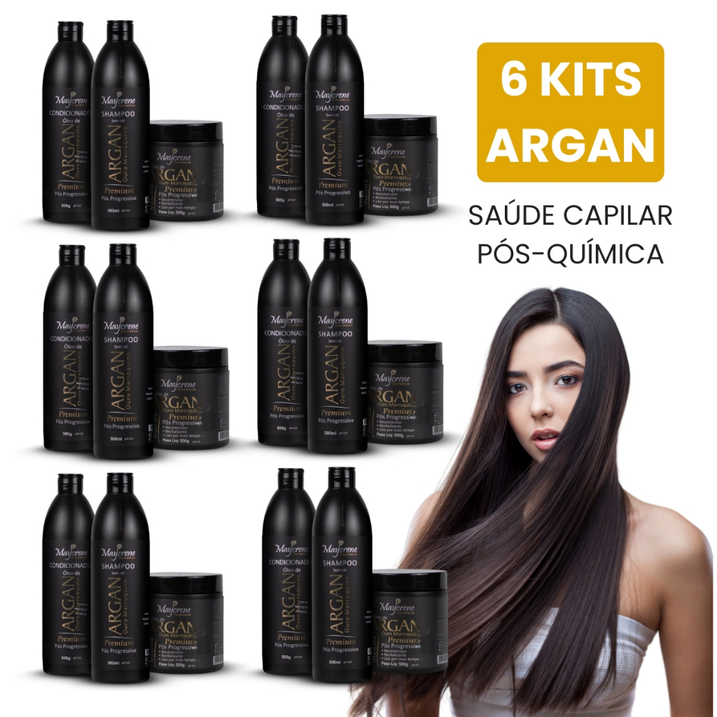 6 Kits Pós Progressiva Óleo De Argan Maycrene (6 shampoo, 6 condicionadores, 6 máscaras)
