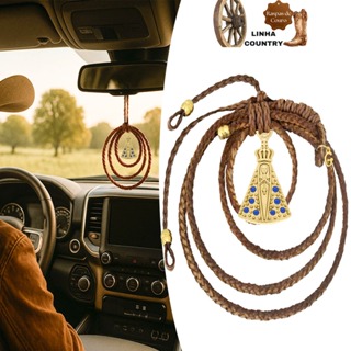 Laço de Couro Bege Retrovisor de Carro Nossa Senhora com Pedras Zircônias Azuis Banhado a Ouro em Oferta na Shopee