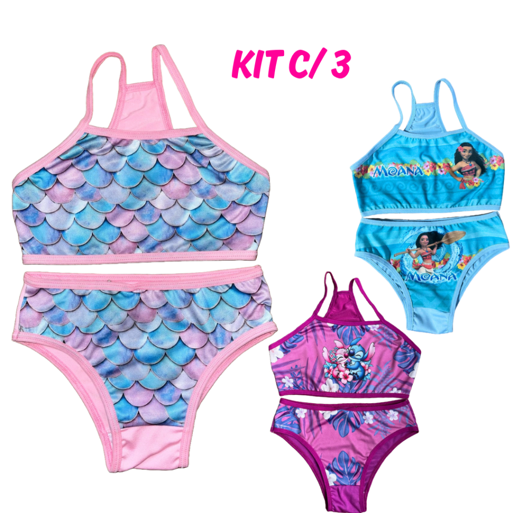 Kit 3 Conjuntos biquini Nadador Sublimados desenhos infantil moda praia verão presente meninas em Oferta na Shopee