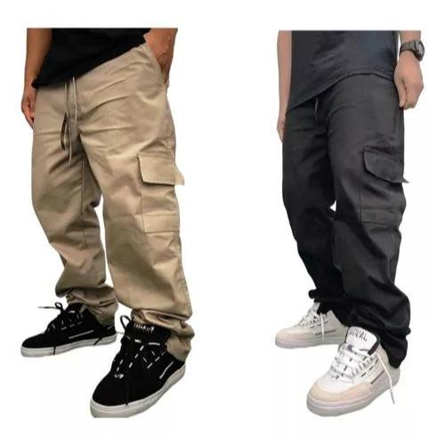 Kit 2 Ou 1 Calças Cargo Masculinas e Feminina Elegante 6 Bolsos skate Larga Fechamento No Cordão