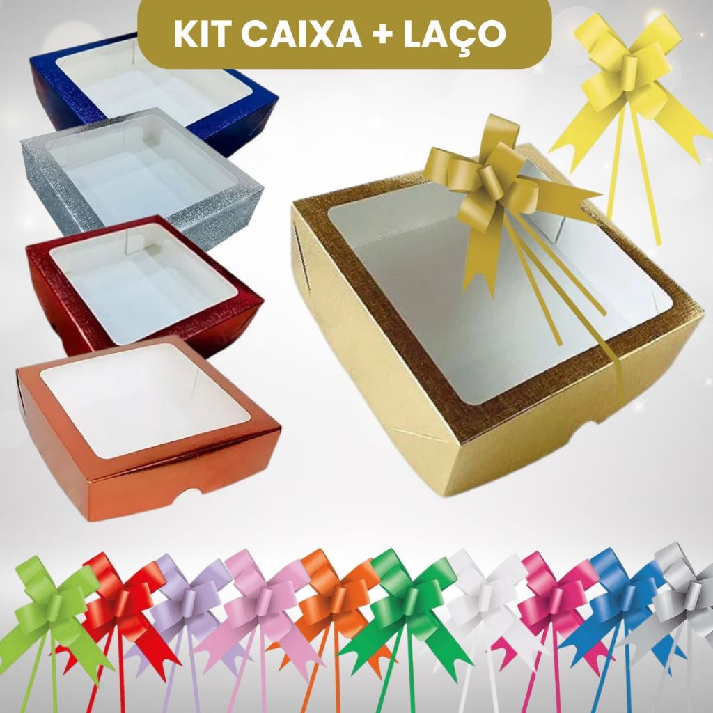 KIT 10 Caixas Cores com Visor S21 15x15x4cm com Laço Fácil ASSK Embalagens Presentes