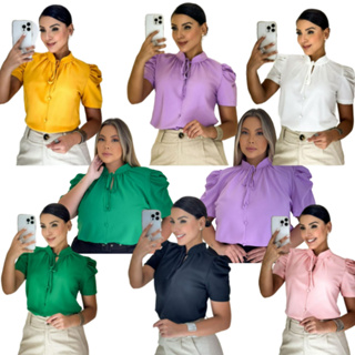 Blusa feminina camisa social manga curta crepinho em Oferta na Shopee