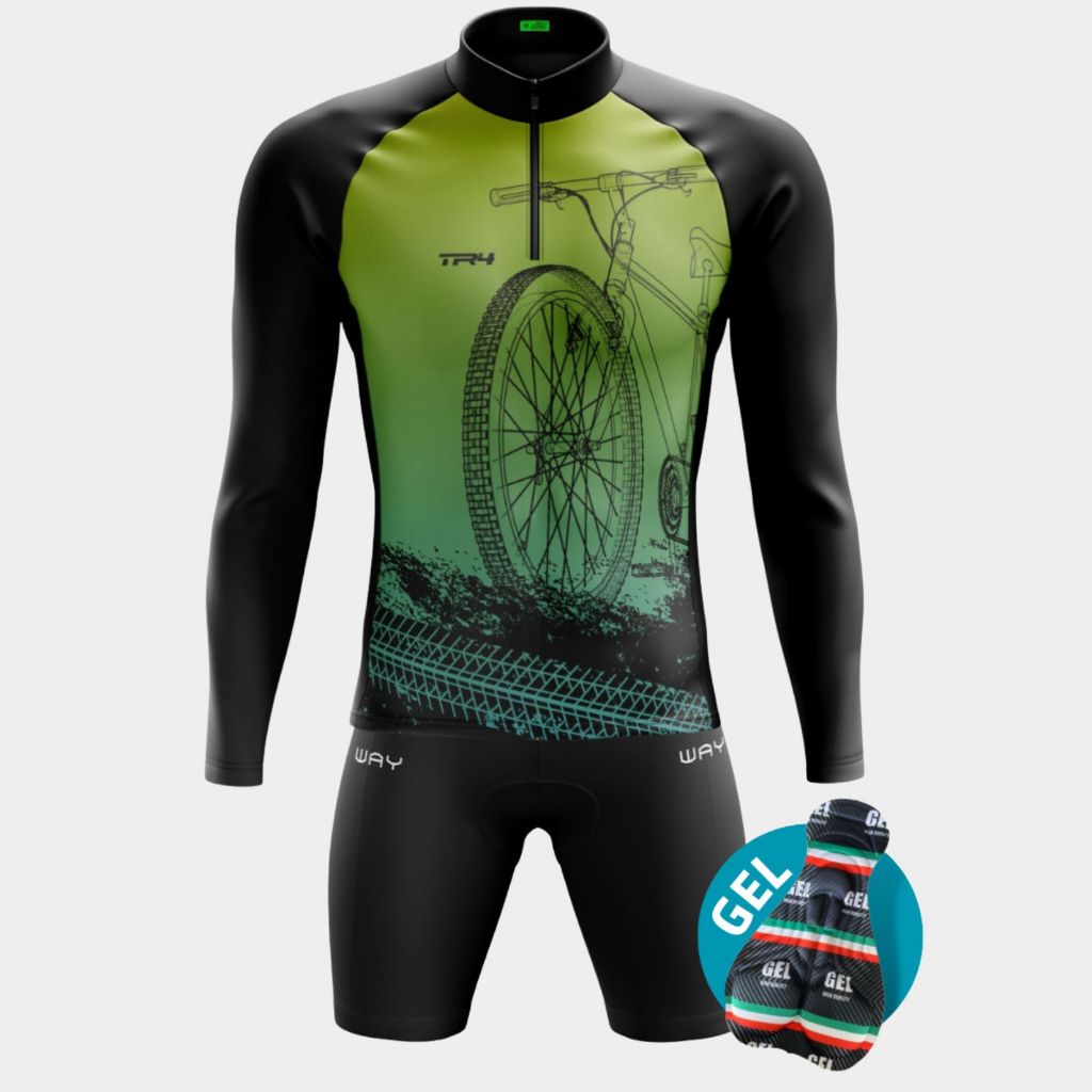 Conjunto Ciclismo Masculino Camisa Camiseta Manga Longa Inverno Bermuda Acolchoado Gel Bike Pedalar