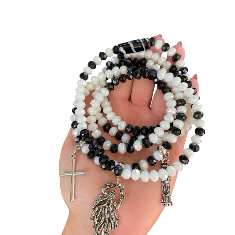 Guia Obaluaê / Omolu com Cristais de Vidro 8mm Preto e Branco – Proteção Espiritual, Firmeza e Pingentes Exclusivos