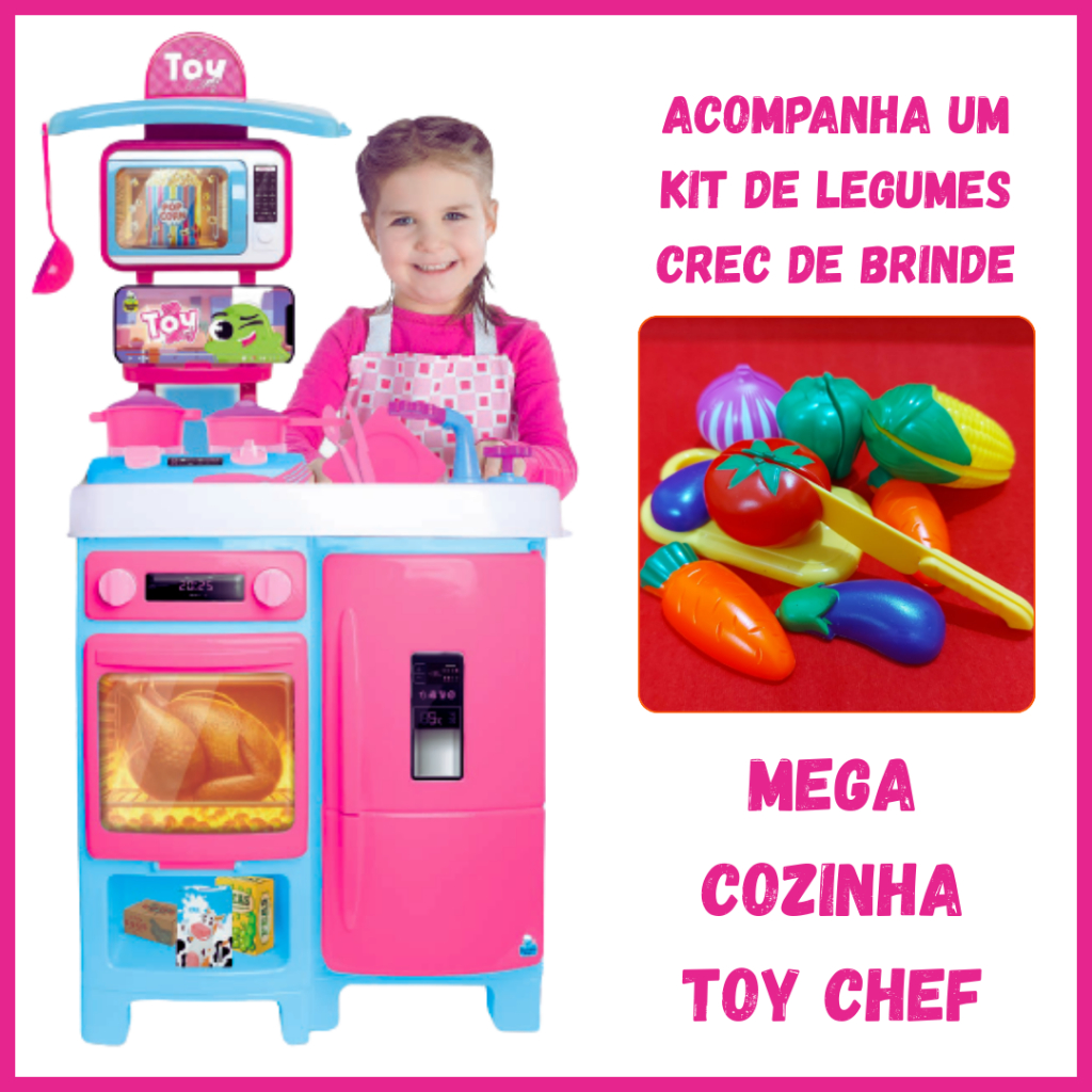 Kit Cozinha Completa Bancada Infantil Toy Chef Fogão Forno Geladeira Pia com Acessórios + Brinde Kit Comidinha Crec