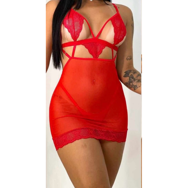 Camisola Sensual Transparente Lingerie Feminina Tule Renda Calcinha Fio Dental