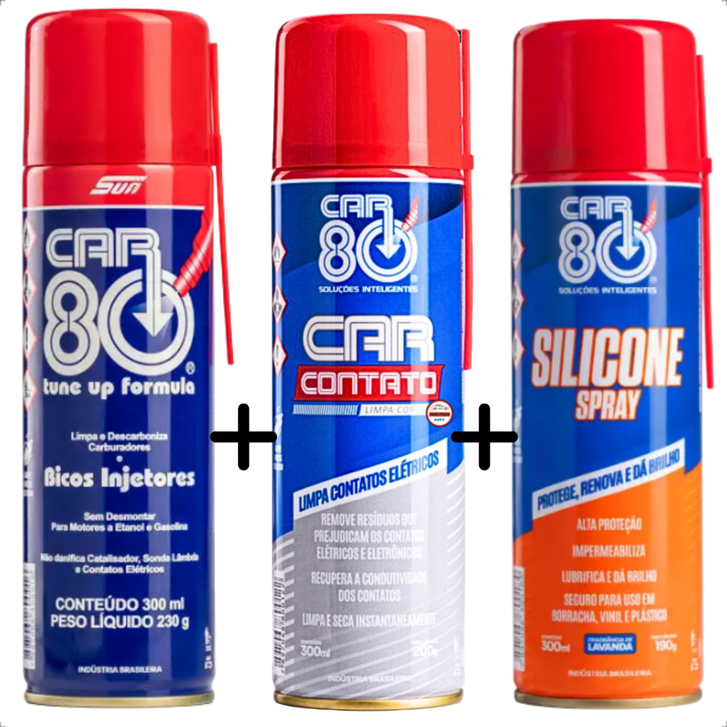 Kit Car80 Descarbonizante + Limpa Contato + Silicone Spray - Limpeza e lubrificação sistema injeção