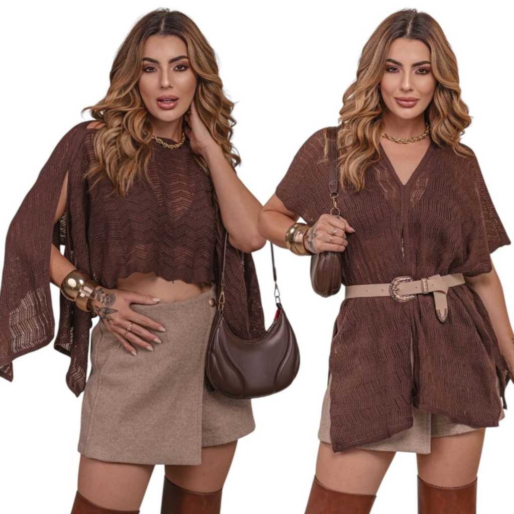 Blusa tricot capa poncho top moda versátil boho chic chique