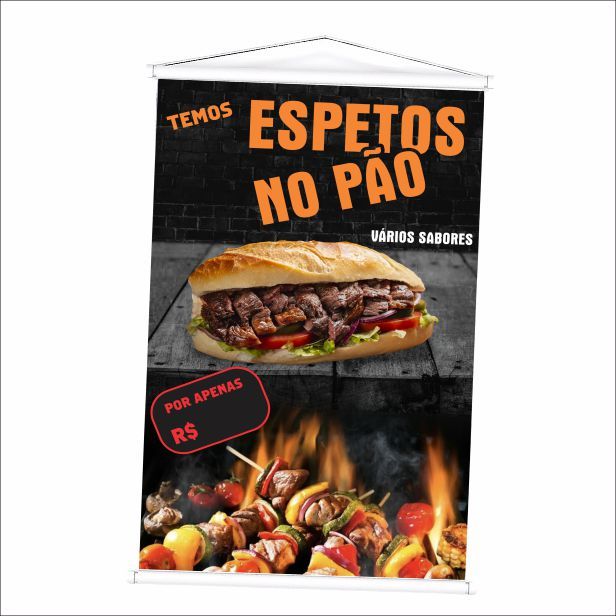 Banner Venda de espeto no pão produzido em lona. Cartaz Propaganda para lanchonete, padaria, espetinhos, barracas feira. em Oferta na Shopee