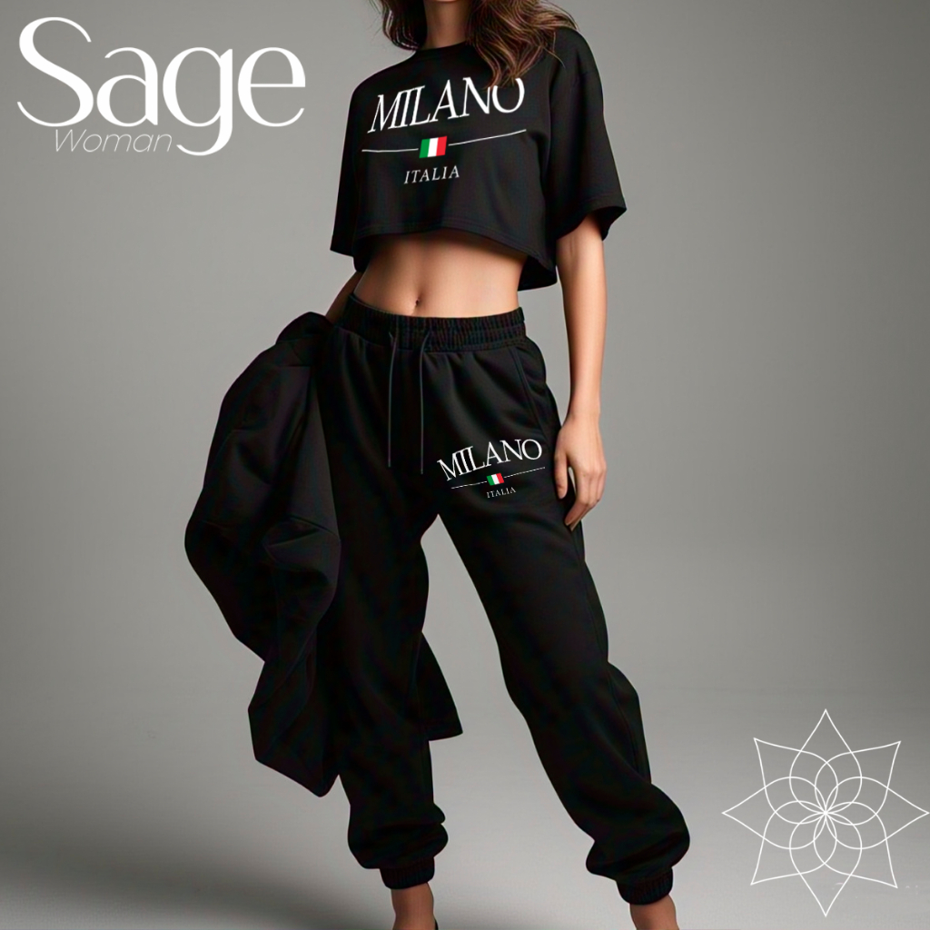 Conjunto Feminino Blusa Cropped Oversized E Calça Moletom Milano Italia Streetwear Moda Gringa Estilosa