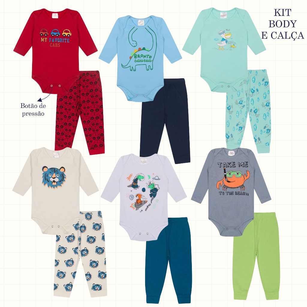 Kit 10 Peças de body manga longa para Bebê Menino Inverno 5 body +5 calças/mijão - roupa infantil Black Friday