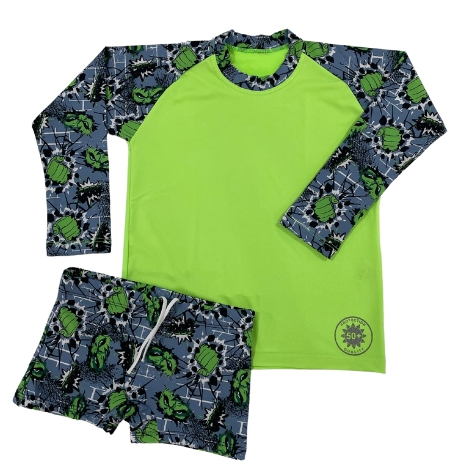 CONJUNTO INFANTIL HERÓIS CAMISA UV +SUNGA BOXER PRAIA/PISCINA PROTEÇÃO UV 50+ 2 AO 10 ANOS