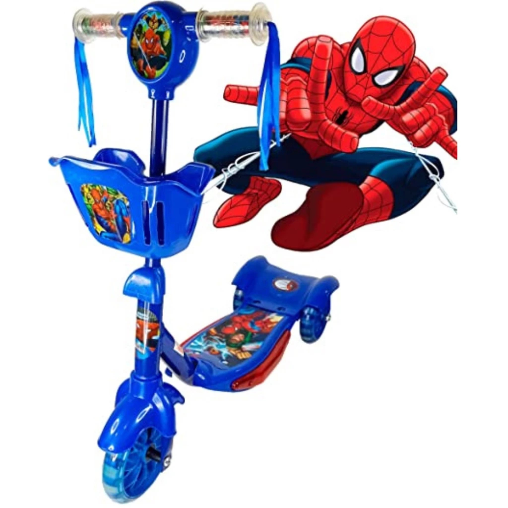 Patinete Meninos Homem Aranha 3 Rodas Musica C/Cesta + Luz Promoção Menor Preço
