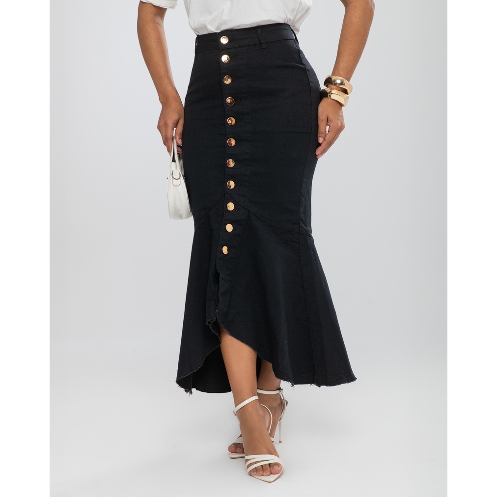 Saia Longa Preta com Babado | Moda Evangélica 7PALLAS em Oferta na Shopee