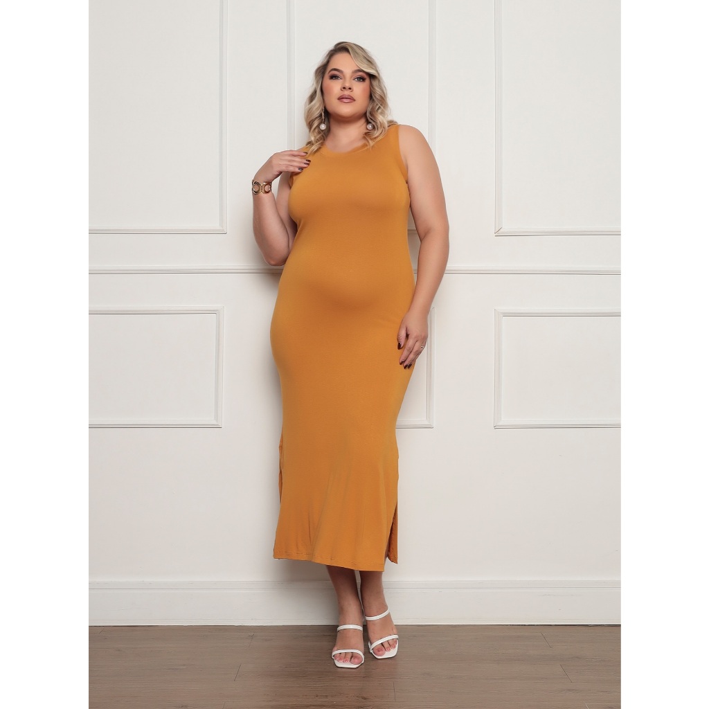 Vestido Plus Size Regata em Malha – Elegance liso   Simples    Casual  Conservador / modesto  elegante Dividido