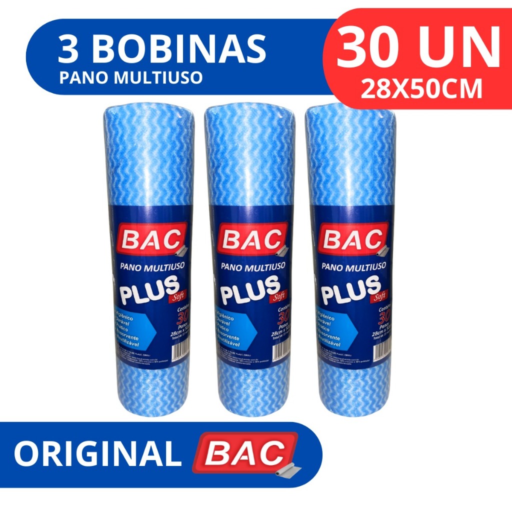 Kit 3 Rolo Bobina Pano Multiuso Tipo Perfex 15 Metros 30 Panos - Original BAC