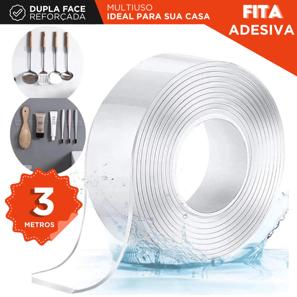 Fita Dupla Face Extra Forte Transparente NanoGel Silicone Mágica Adesiva - 3 Metros - Nybc