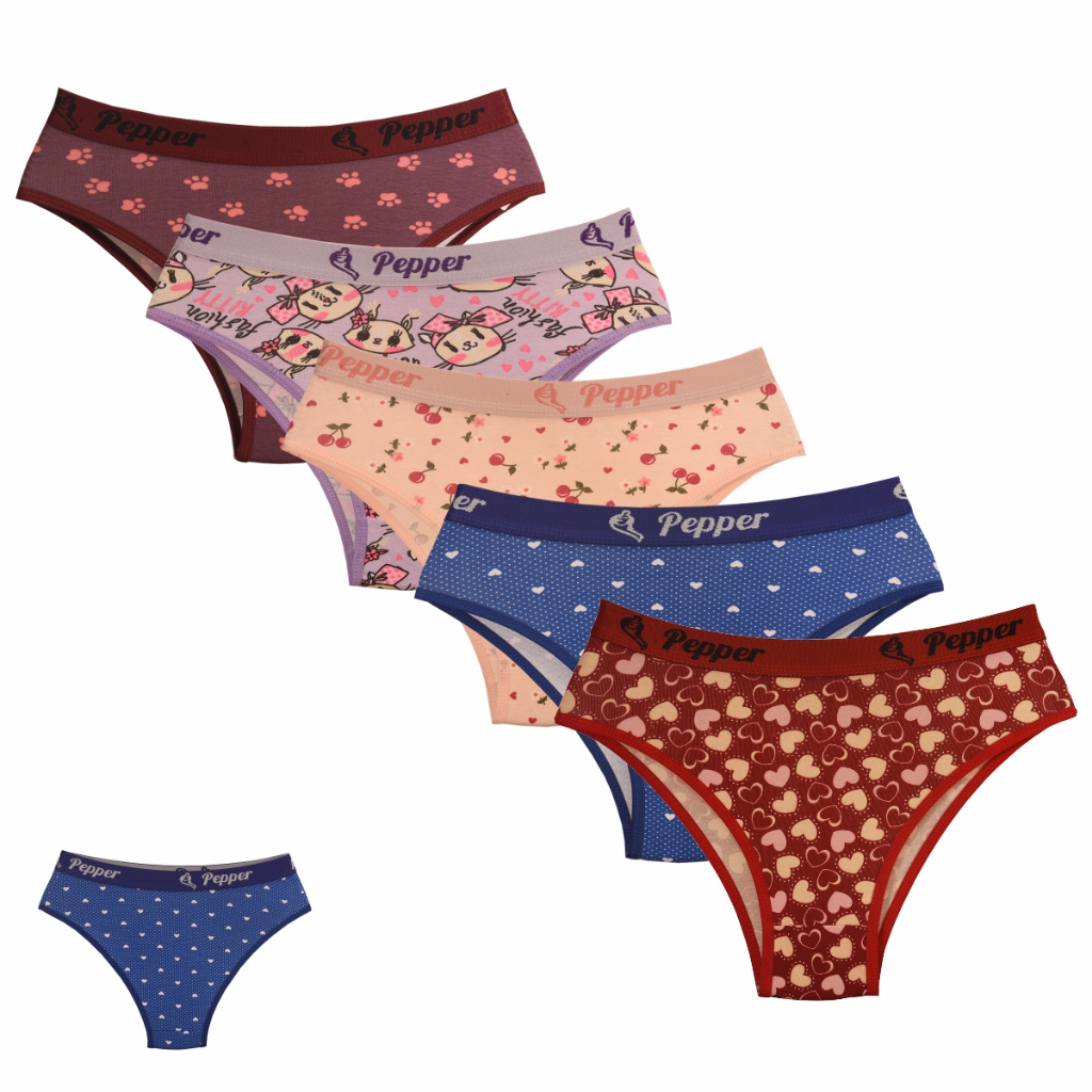 Kit com 5 Calcinhas Estampadas Juvenil Elastico Exposto Cotton 8%