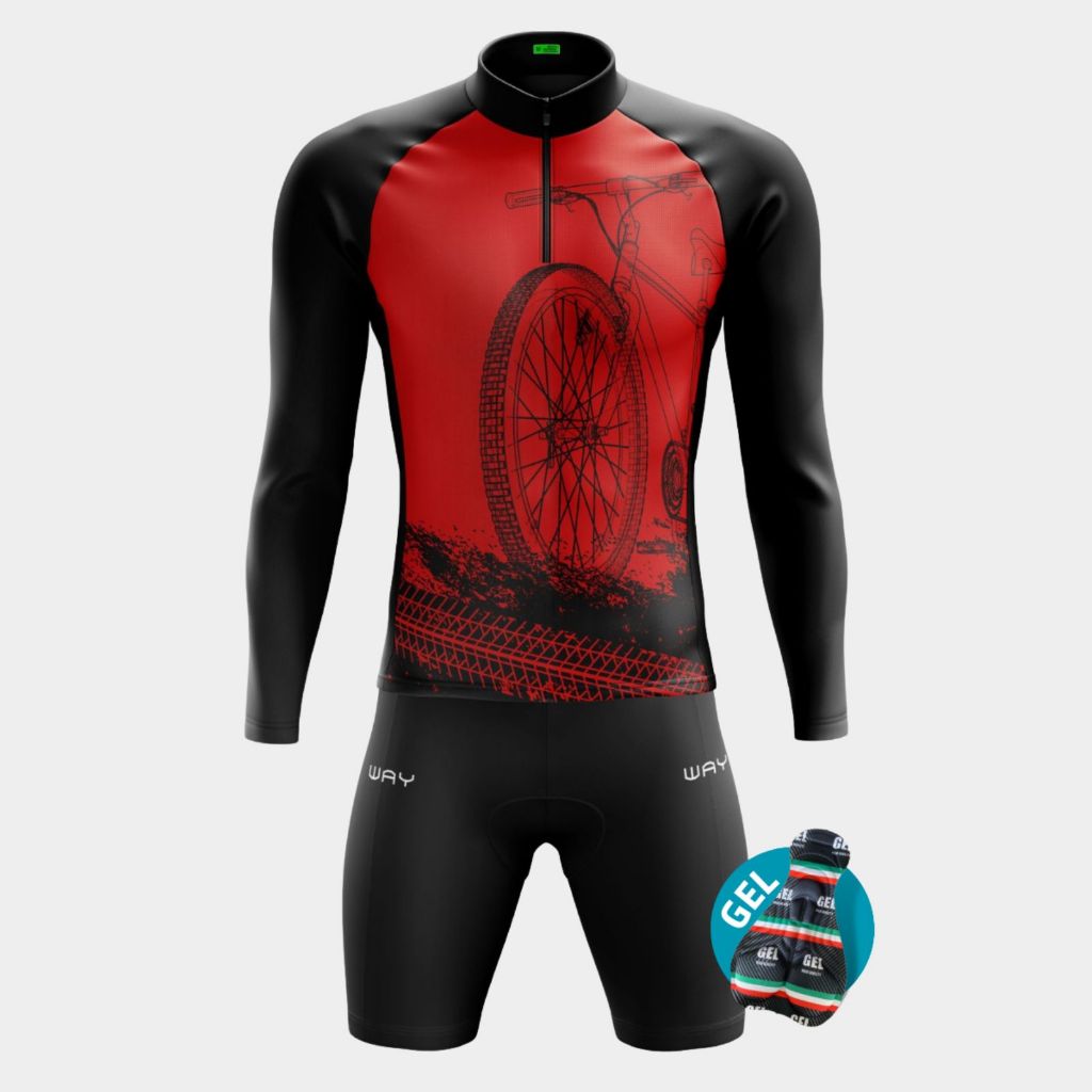 Conjunto Ciclismo Masculino Camisa Camiseta Manga Longa Inverno Bermuda Gel Acolchoado Bike Pedal