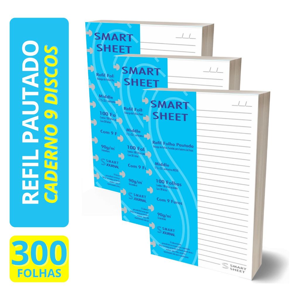 Kit 3 Refil Caderno de Discos 90g 300 Folha Pautado Medio 9 Furos Smart Sheet em Oferta na Shopee