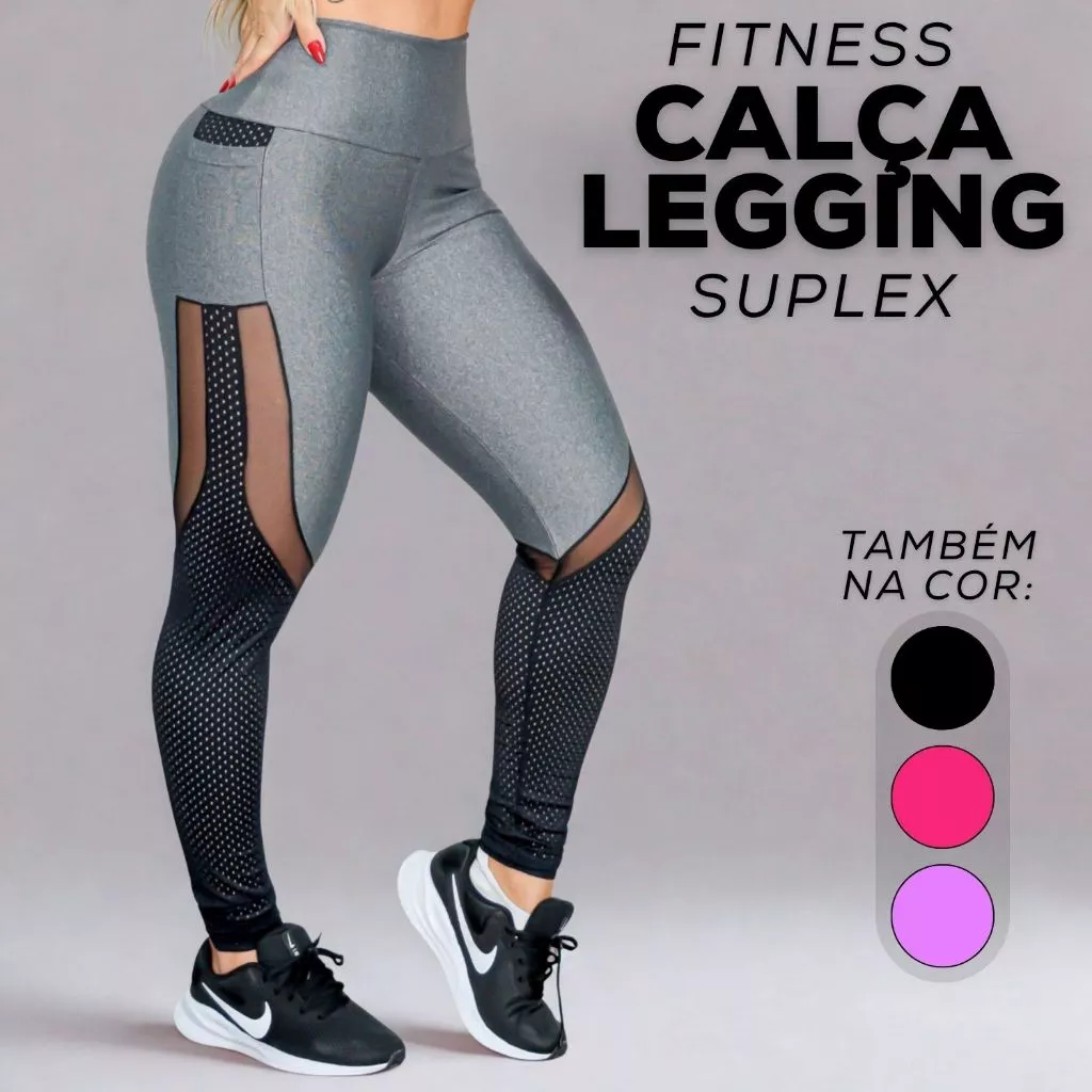 Calça Legging Academia Fitness Feminina com Bolsos e Recortes nas Pernas em Tela Para Treino Ginástica