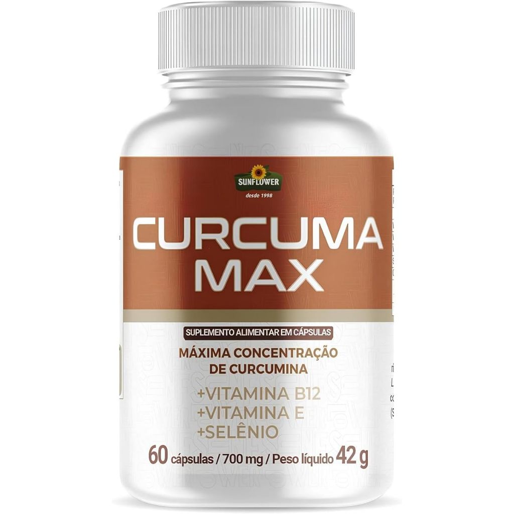 Cúrcuma + Vitamina B12 + Selênio e Vitamina E - Cúrcuma 700mg - 95% de curcumoides - 130mg Sunflower
