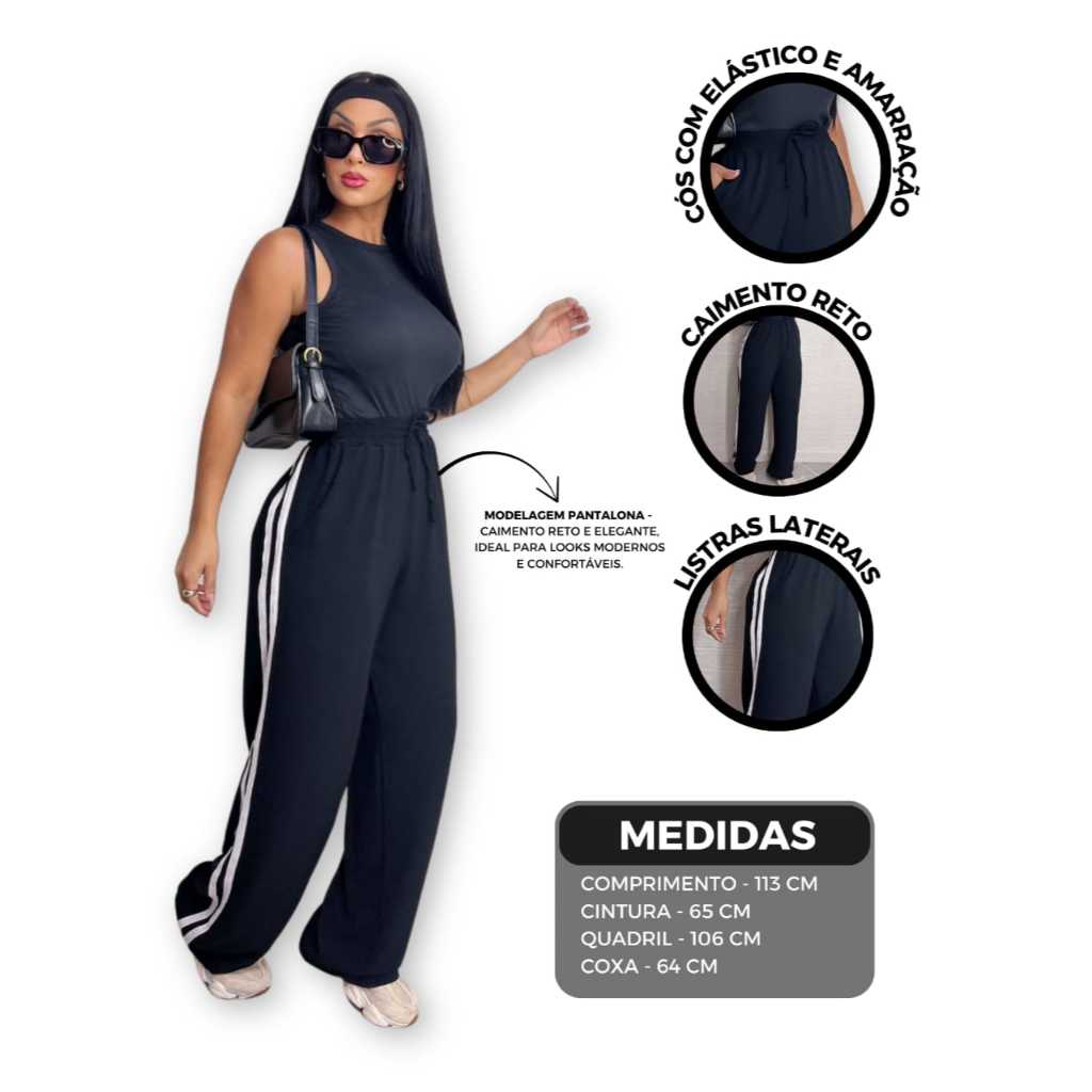 Calça Pantalona no tecido crepe dunas forrada com elastico no cós e bolso com detalhe da faixa na lateral