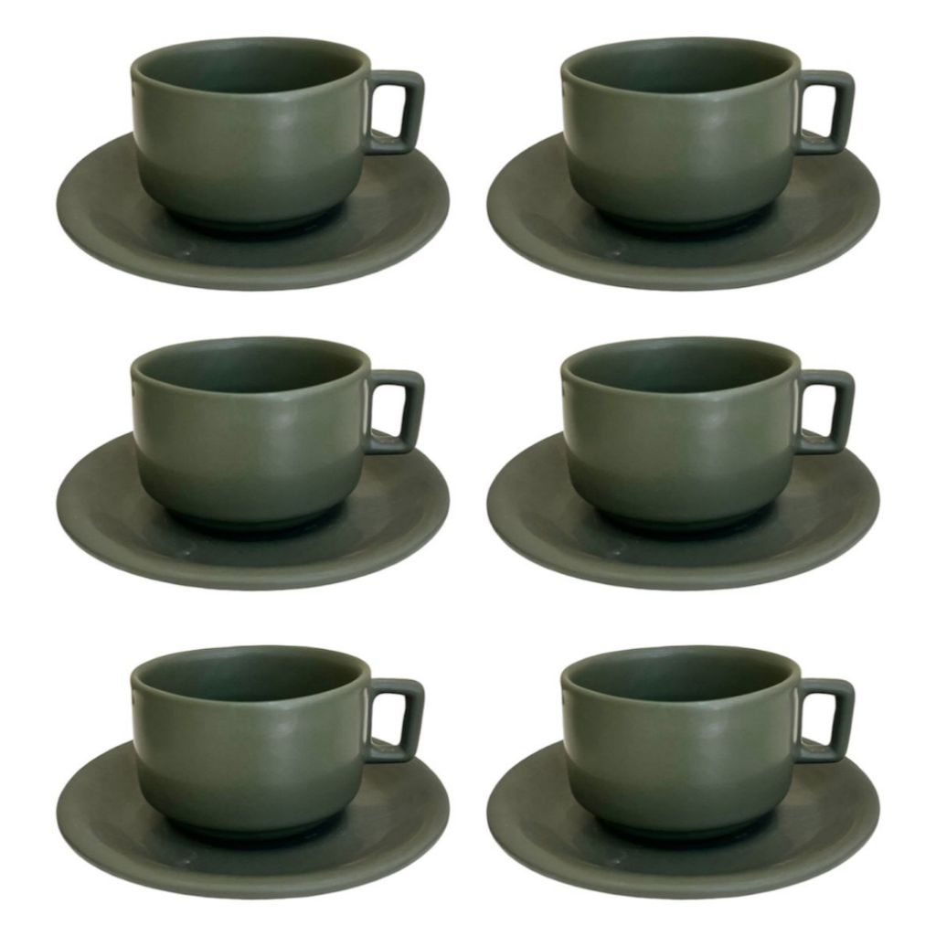 Conjunto Xícara de Chá Verde Escuro Matte 200ml Cerâmica Rústica 4-6 Peças