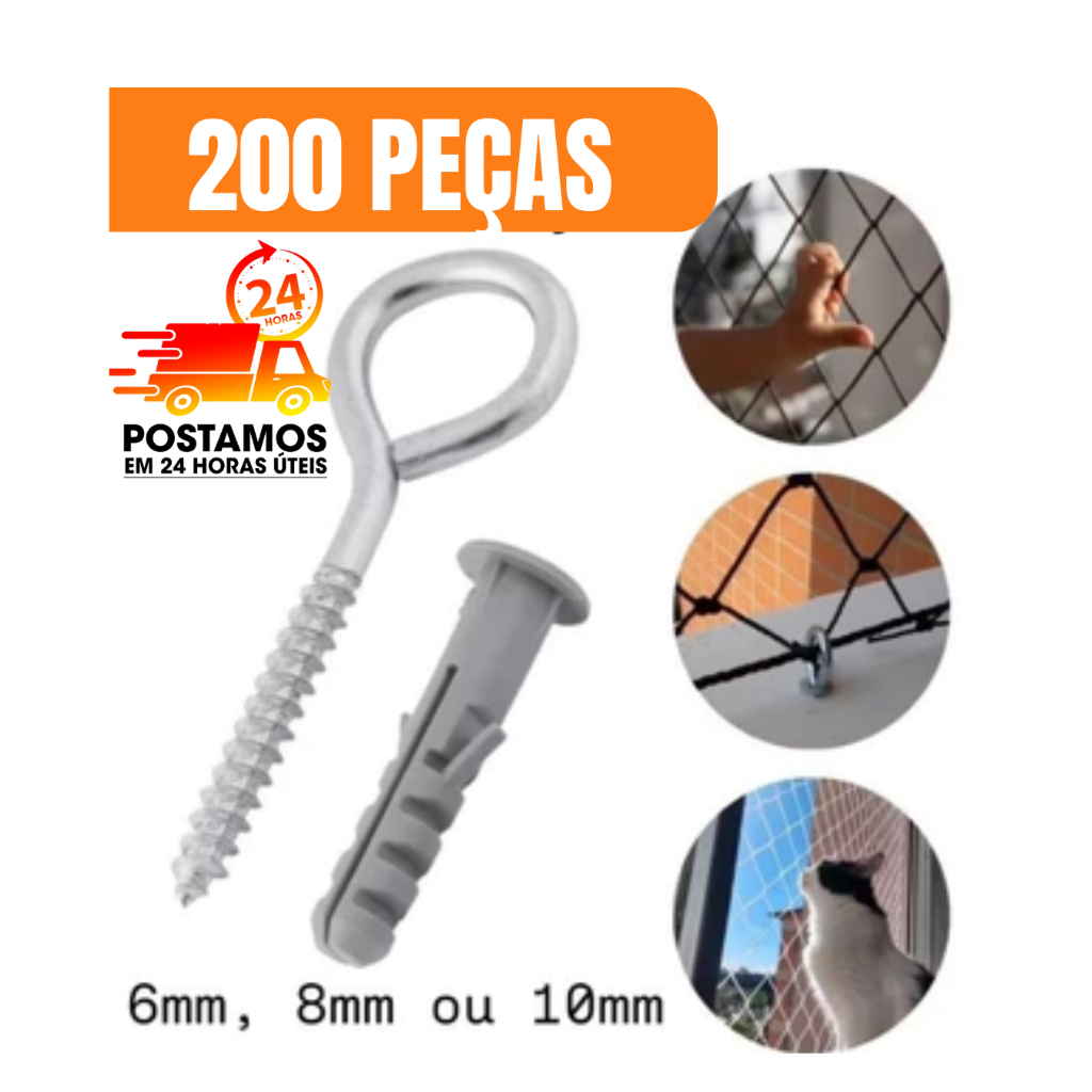 Gancho Fechado PITÃO e Bucha para Fixação de 6, 8 e 10 mm- 200 peças p/ tela de proteção