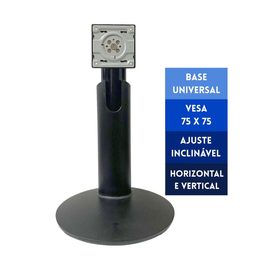Base Universal para monitor 75mm x 75mm Preta C/ rotação e regulagem de altura | VESA-75