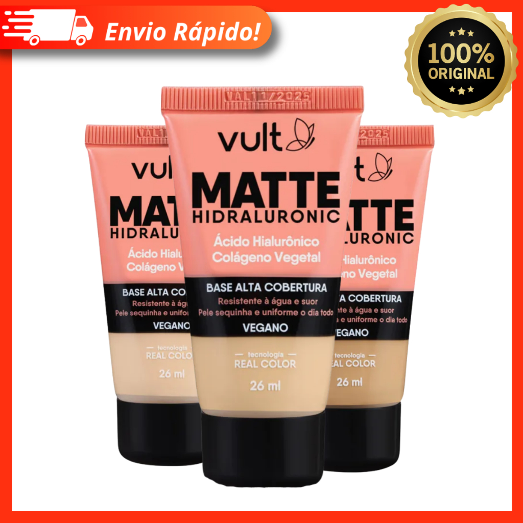 Base Líquida Efeito Matte Hidraluronic Original - Vult 26ml Alta Cobertura Vegano Diversas Cores
