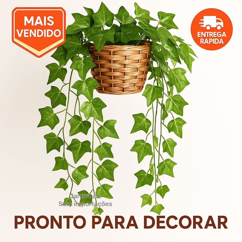 Arranjo Decorativo c/ 3 Trepadeiras Hera – Vaso Trançado em Fibra Sintética