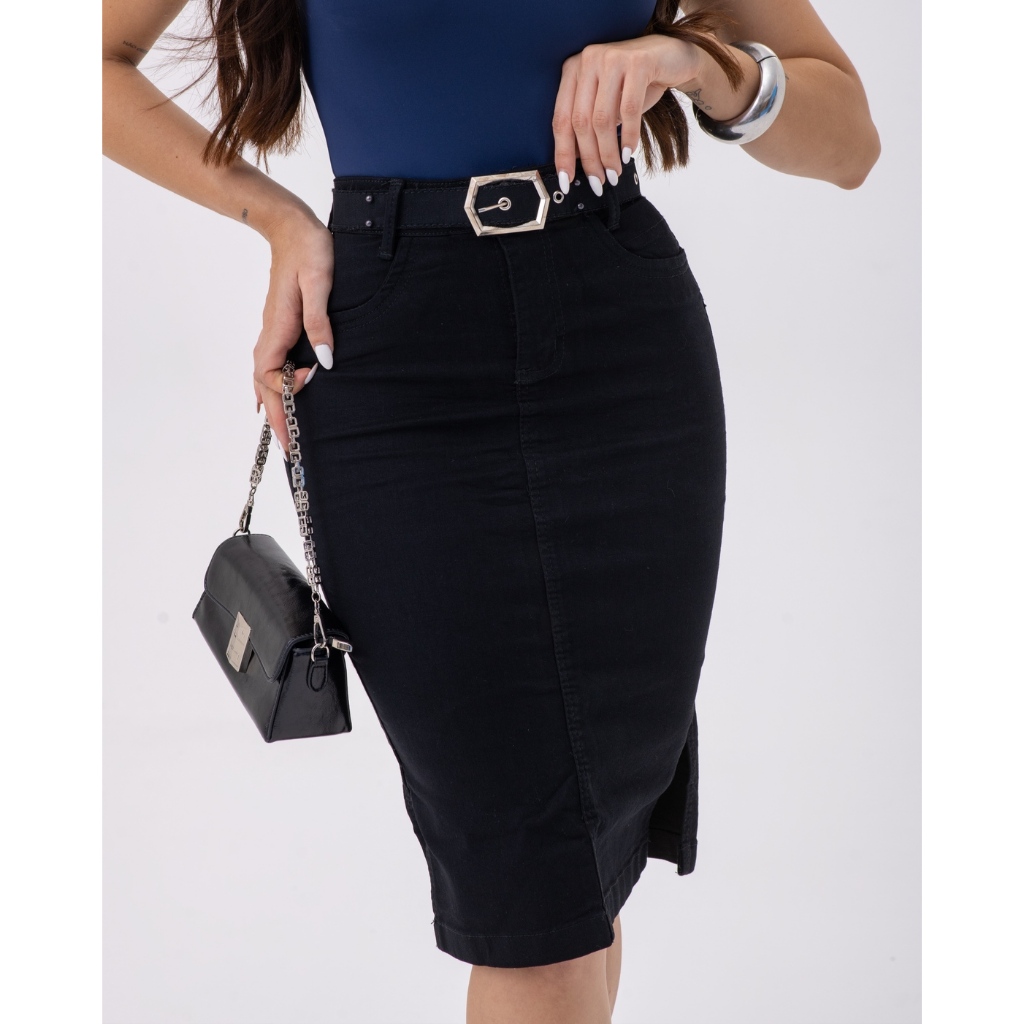 Saia Lápis Preta com Cinto de Pérolas | Moda Evangélica 7PALLAS em Oferta na Shopee