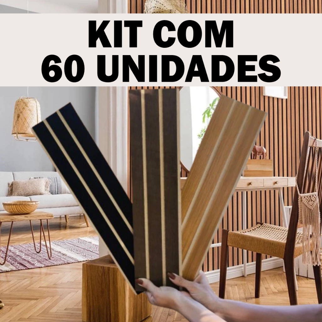 Kit de 20, 30, 40, 50 e 60 Placas Painel Ripado ripas - Revestimento Autocolante MDF 45x11cm Parede Completo
