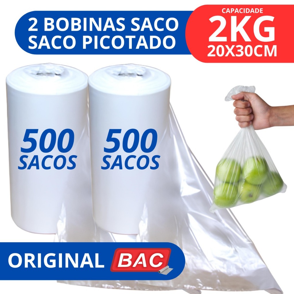 Kit 2 Bobina Picotada 20x30 2kg 500 Sacos Armazenar Embalar Alimento Freezer Microondas Or...