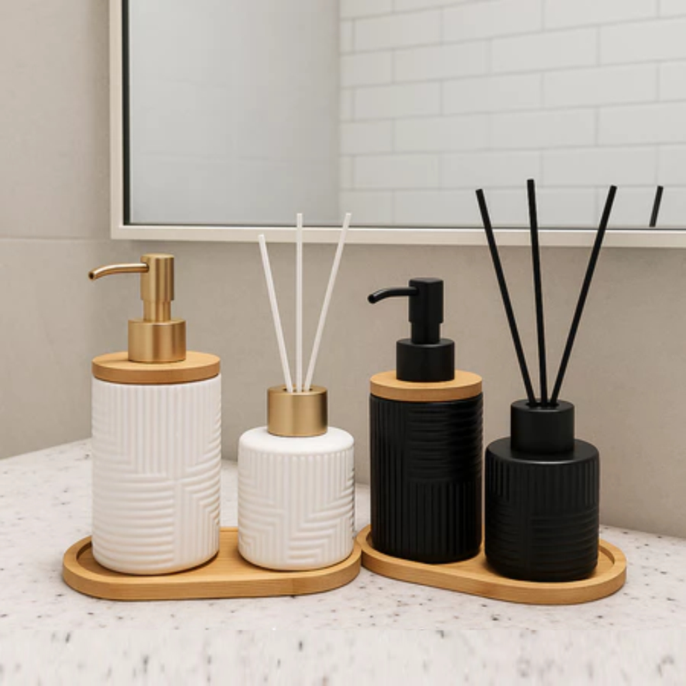 Kit Banheiro Lavabo Premium Conjunto Saboneteira + Frasco Difusor + Bandeja Bambu 3 Peças