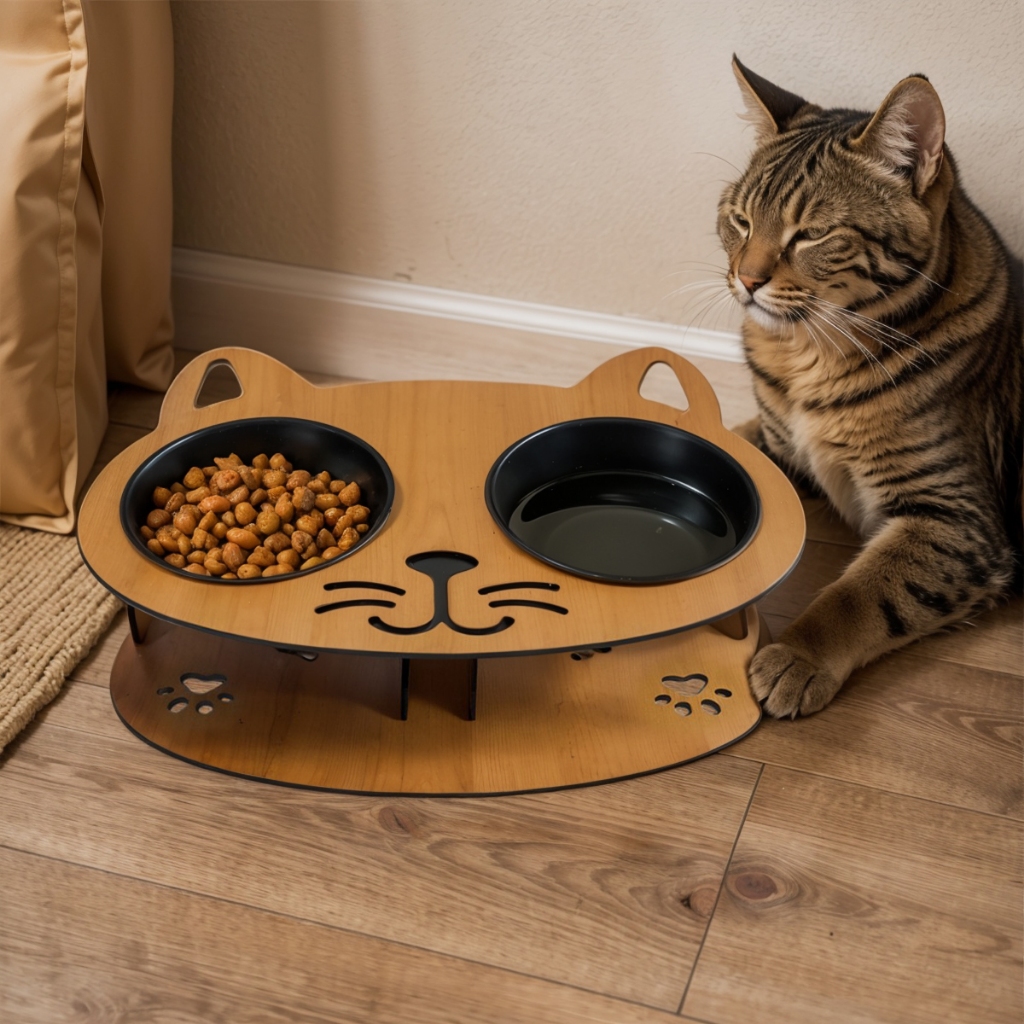Comedouro Bebedouro Pet Gatos Personalizado MDF 4mm Reforçado Com Potes Água e Comida