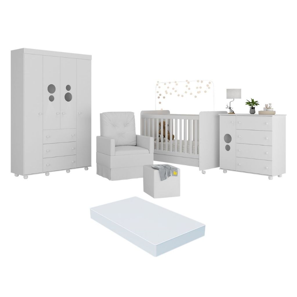 Quarto Completo com Colchão, Poltrona de Amamentação e Puff Pimpolho Multimóveis MP4109