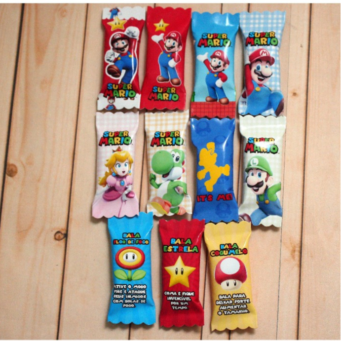 50 balas personalizadas para festa infantil Lembrancinhas - Super Mario em Oferta na Shopee